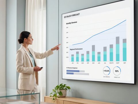 Professional businesswoman presenting q3 sales forecast data on a large digital screen in a modern office environment