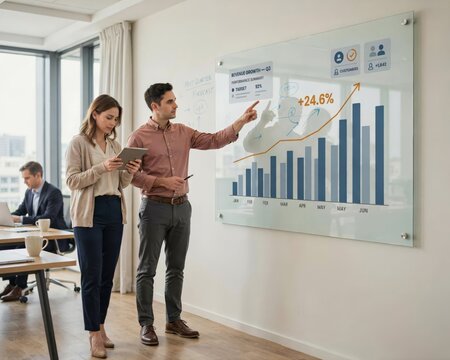 Business colleagues analyzing performance growth data chart presentation on glass board in office