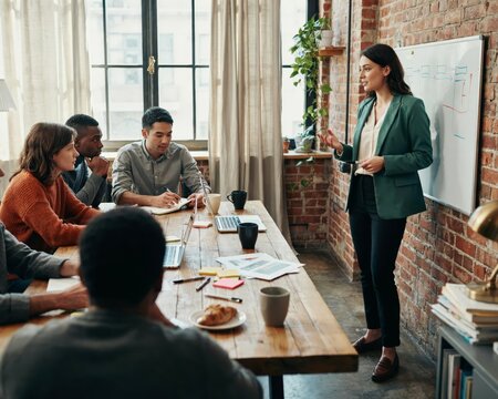 Professional woman giving a presentation to her diverse team in a rustic office meeting room