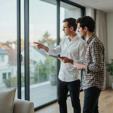 Two men standing by a large window in a modern home, one pointing outside while holding a tablet