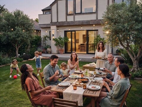 Happy multigenerational family enjoying an outdoor dinner party in a beautiful backyard garden at sunset