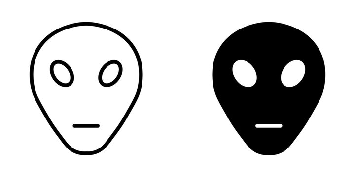 Set of simple alien head icons with outline and solid black designs for science fiction projects