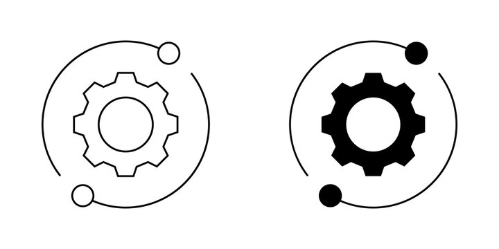 Black and white gear cog icons with circular orbit lines for settings and configuration ui design