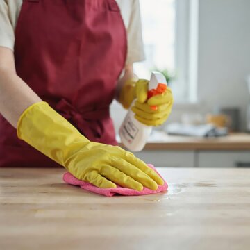 Woman wearing yellow rubber gloves cleaning wooden table with pink microfiber cloth and spray bottle