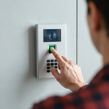 Closeup of a person using a biometric fingerprint scanner for secure access control on a modern office wall