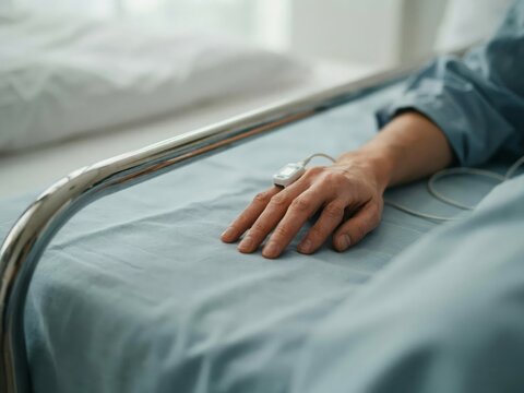 Closeup of a patients hand resting on a hospital bed with a pulse oximeter sensor attached to the finger