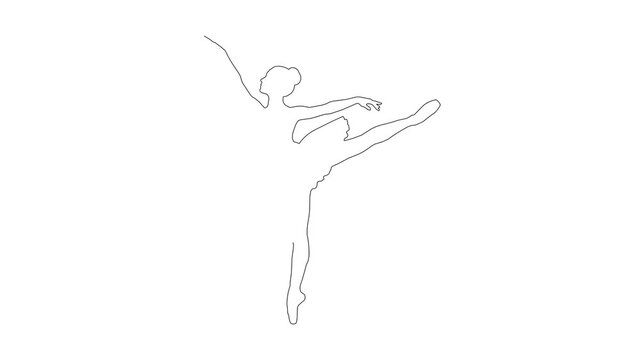 Ballerina dancing in graceful pose with outline drawing style on plain white background.
