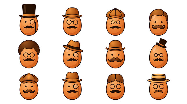 Various funny cartoon egg characters wearing vintage hats glasses and mustaches isolated on transparent background