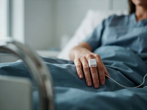 Patients hand resting on a hospital bed with a pulse oximeter sensor attached to the finger for monitoring vital signs