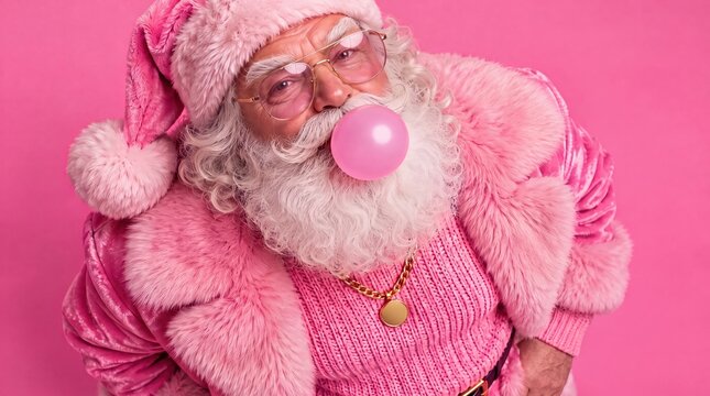 santa claus blowing pink bubble gum in fur coat and matching hat with tinted glasses against pink background