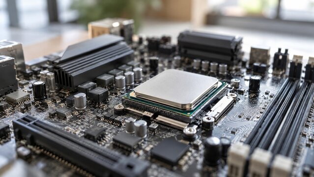 Silver processor surrounded by components on a generic computer board