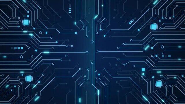 Glowing blue circuit lines connect electronic microchips across a dark digital board, creating a futuristic technology animation for computing and innovation themes.