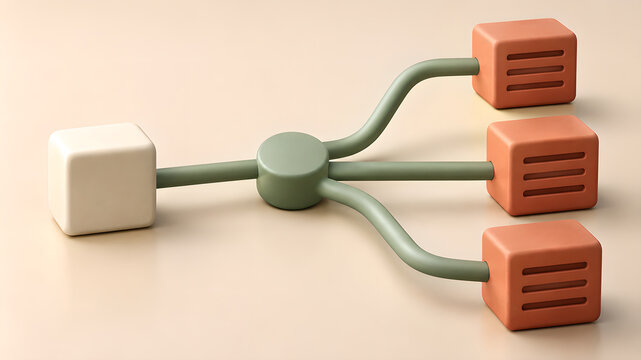 Network load balancing model with one input branching through a hub to three orange servers