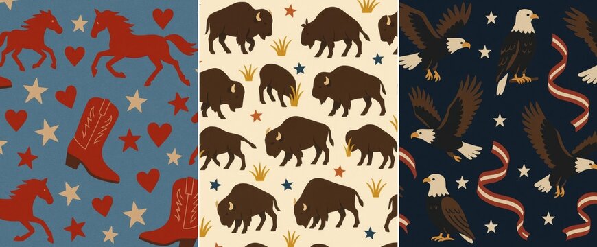 Americana pattern set, set of 3 cowgirl, bison and bald eagle prints side by side, western and patriotic patterns for July 4th, fabric and social media