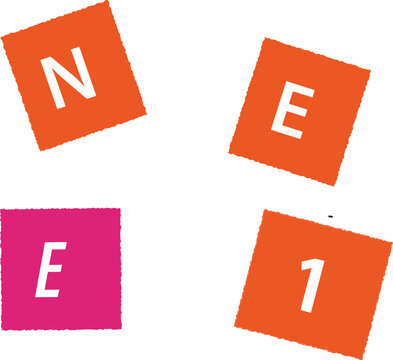 Colorful abstract letters spelling out N E E 1 on four distinct rotated squares creating a vibrant modern composition with dynamic geometric design shapes
