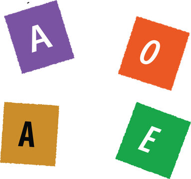 Vibrant multi colored alphabet blocks featuring letters A O A E on bright square backgrounds for preschool children education and creative graphic arts