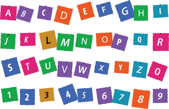 Colorful square paper notes arranged as a complete collection of alphabet letters and numbers for educational displays in kindergarten or classroom