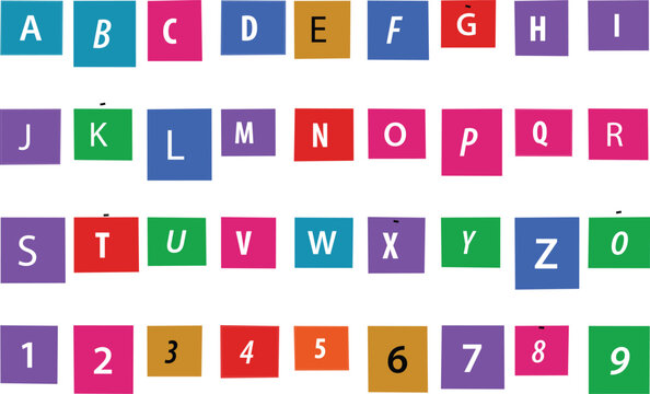 Alphabet and numbers set with vibrant colorful square background isolated on a white background as a vector illustration for education design