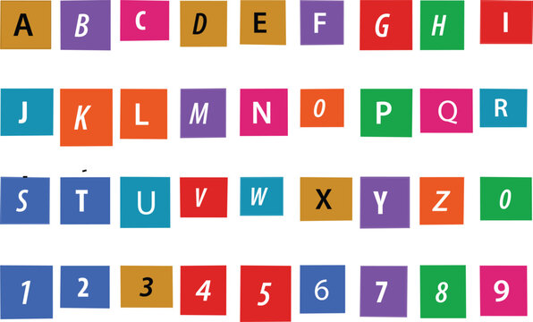 Colorful alphabet and numbers set featuring capital letters from A to Z and digits from 0 to 9 in vibrant squares for design and learning