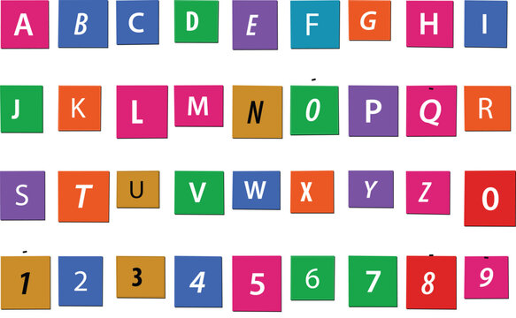 A vibrant collection of colorful square tiles featuring the English alphabet from A to Z and numeric digits from zero to nine arranged in rows today