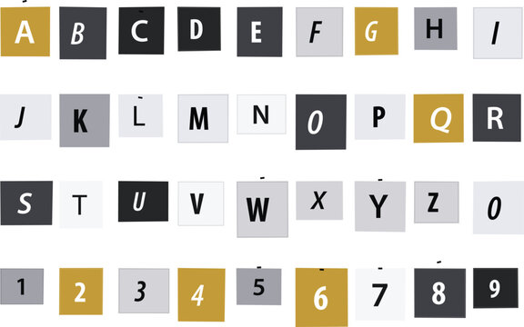 Abstract typographic composition of uppercase alphabet letters and numeric digits displayed in a geometric grid of gold, grey and black color blocks