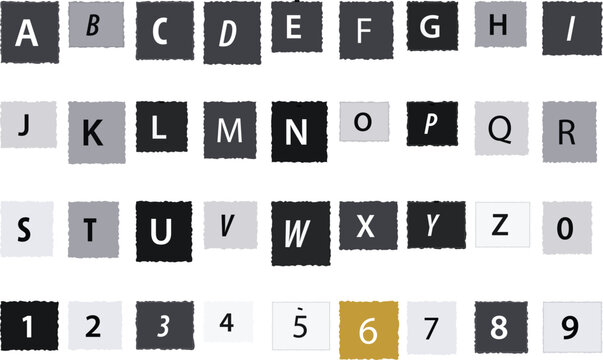 Detailed collection of uppercase English alphabet letters and numeric digits displayed in diverse bold font styles with grayscale and gold highlights