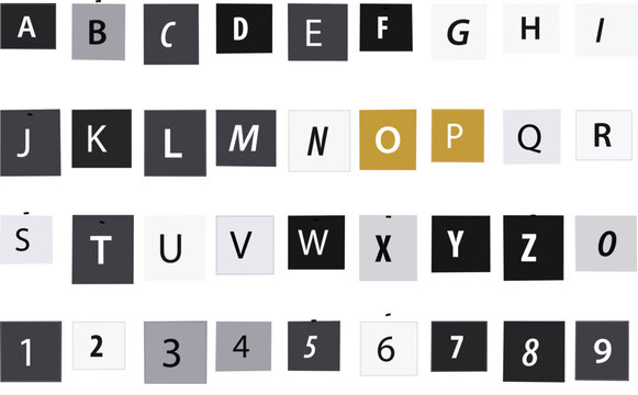 A minimalist grid design featuring a collection of uppercase letters and numerical digits set against a backdrop of varying monochrome square blocks