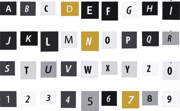 Alphabet and numbers set designed with cut-out paper style letters and digits in various monochrome shades and gold accents for creative design projects