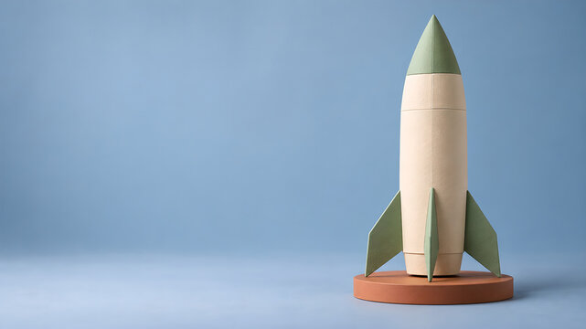 Cream and green model rocket on an orange display base against a blue background with open space