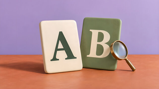 A and B ceramic tiles with a brass magnifier illustrate comparison testing and marketing alternatives
