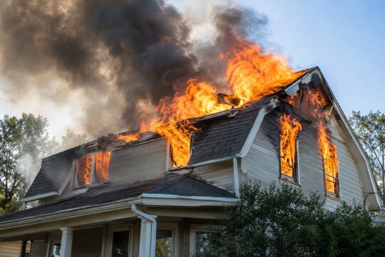 Orange Flames Consume the Upper Floor and Roof of a House in Daylight