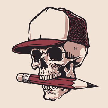 Skull wears baseball cap with red brim
