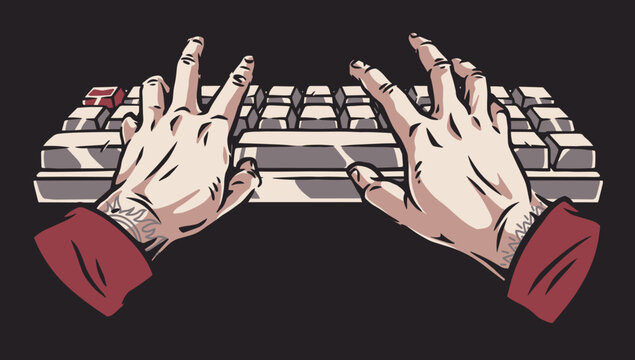 Hands type on keyboard with red sleeve cuffs