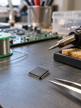 Unmarked microchip with tweezers and a soldering iron on a repair bench
