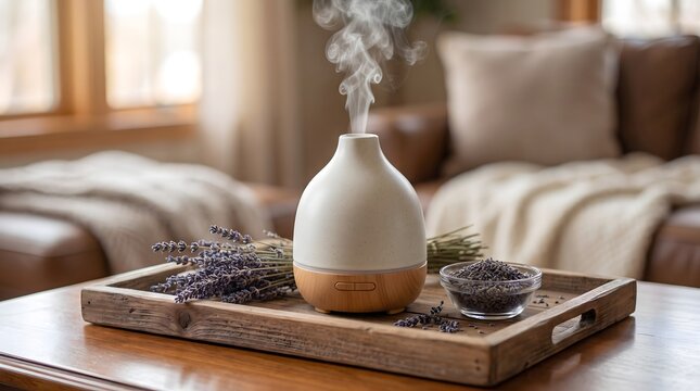 Modern ceramic essential oil diffuser resting on a wooden tray emits scented vapor surrounded by dried lavender sprigs inside a cozy living room