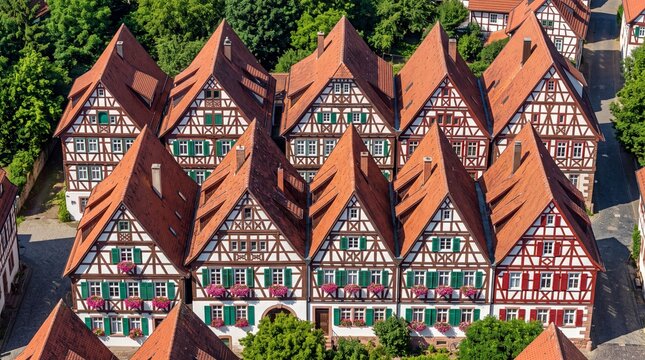 Charming German Old Town featuring an aerial view of traditional half-timbered houses with red tiled roofs and colorful shutters, ideal for travel brochures and heritage articles.