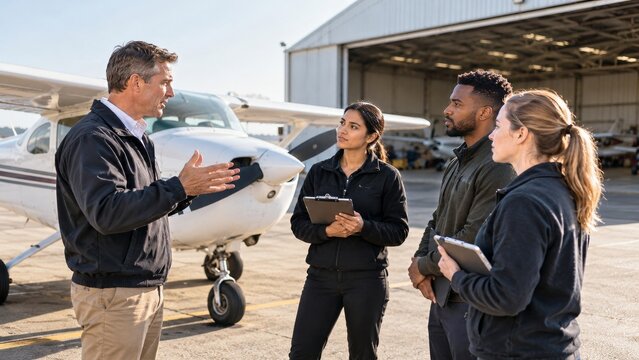 Flight School Instructor Briefing Trainees Beside Hangar Aircraft