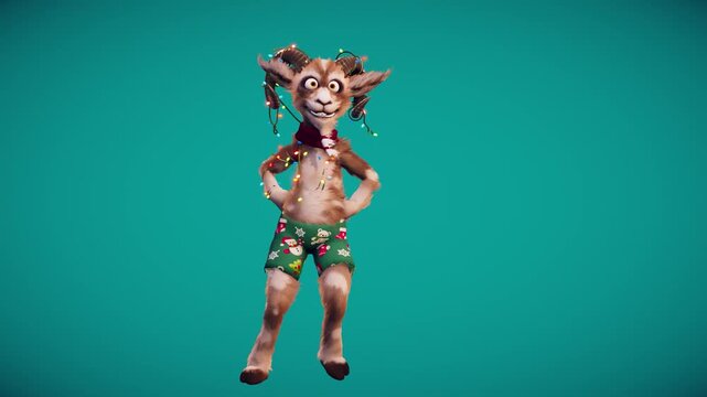 Funny Christmas goat dancing on green background, 3d render animation symbol of the new year
