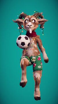 Funny 3D goat juggling a soccer ball with its knee on green screen