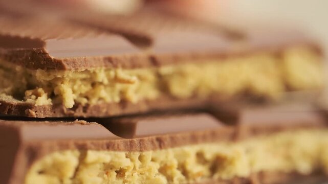 Premium Dubai chocolate bar broken pieces milk chocolate foil wrapper, Gourmet food, Luxury chocolate confectionery closeup, texture segments sweet dessert confectionery treat indulgence snack food