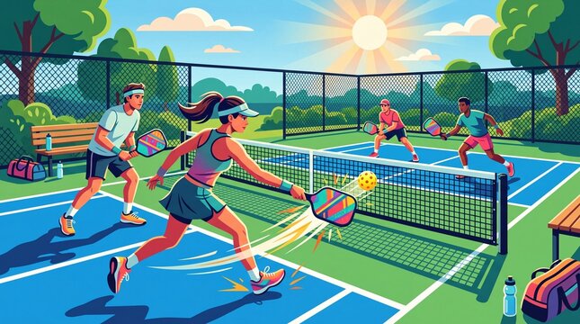 Players Competing in Pickleball Doubles Match on Outdoor Court