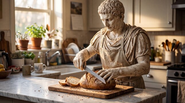Roman Statue in Apron Slicing Fresh Bread in Kitchen