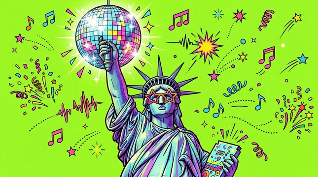 Statue of Liberty Holding Disco Ball in Party Illustration
