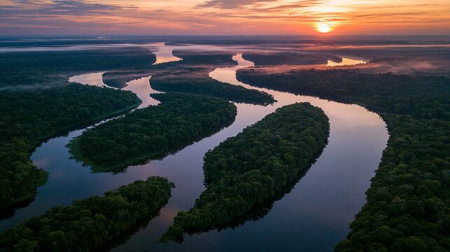 Aerial View of Winding River in Rainforest at Sunrise