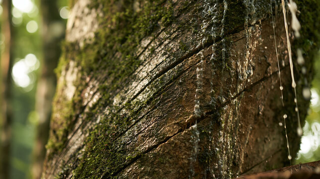 Natural Latex Sap Dripping from Rubber Tree Trunk