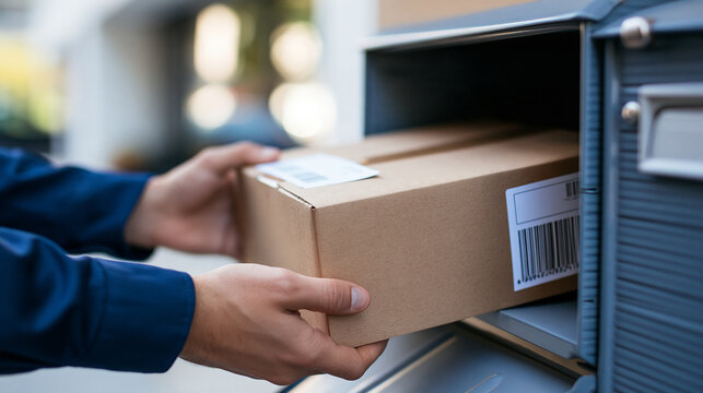 Man placing a package into a mailbox, showcasing a typical delivery process.