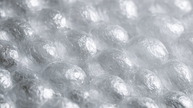Close-up of bubble wrap texture with shiny plastic bubbles