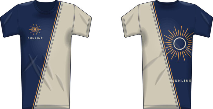 Navy and Cream T-Shirt with Diagonal Sunline Sunburst Graphic &mdash; Front and Back Vector Design