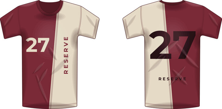 Cream and Burgundy T-Shirt with Vertical Reserve Text and Number 27 Graphic &mdash; Front and Back Vector Design