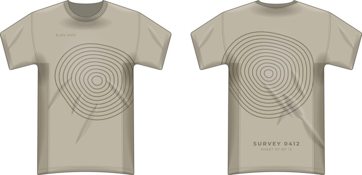 Beige T-Shirt with Concentric Circle Line Art Survey Graphic &mdash; Front and Back Vector Design